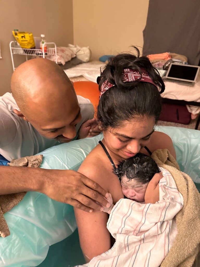 New Hypnobabies family just after birth in tub