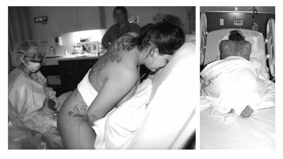 birthing mother pushing her baby out on her knees, facing the back of the bed