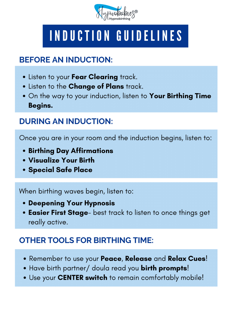 Hypnobabies Induction Guidelines for before, during, and after a labor induction, including recommended hypnosis tracks and tools for comfort.